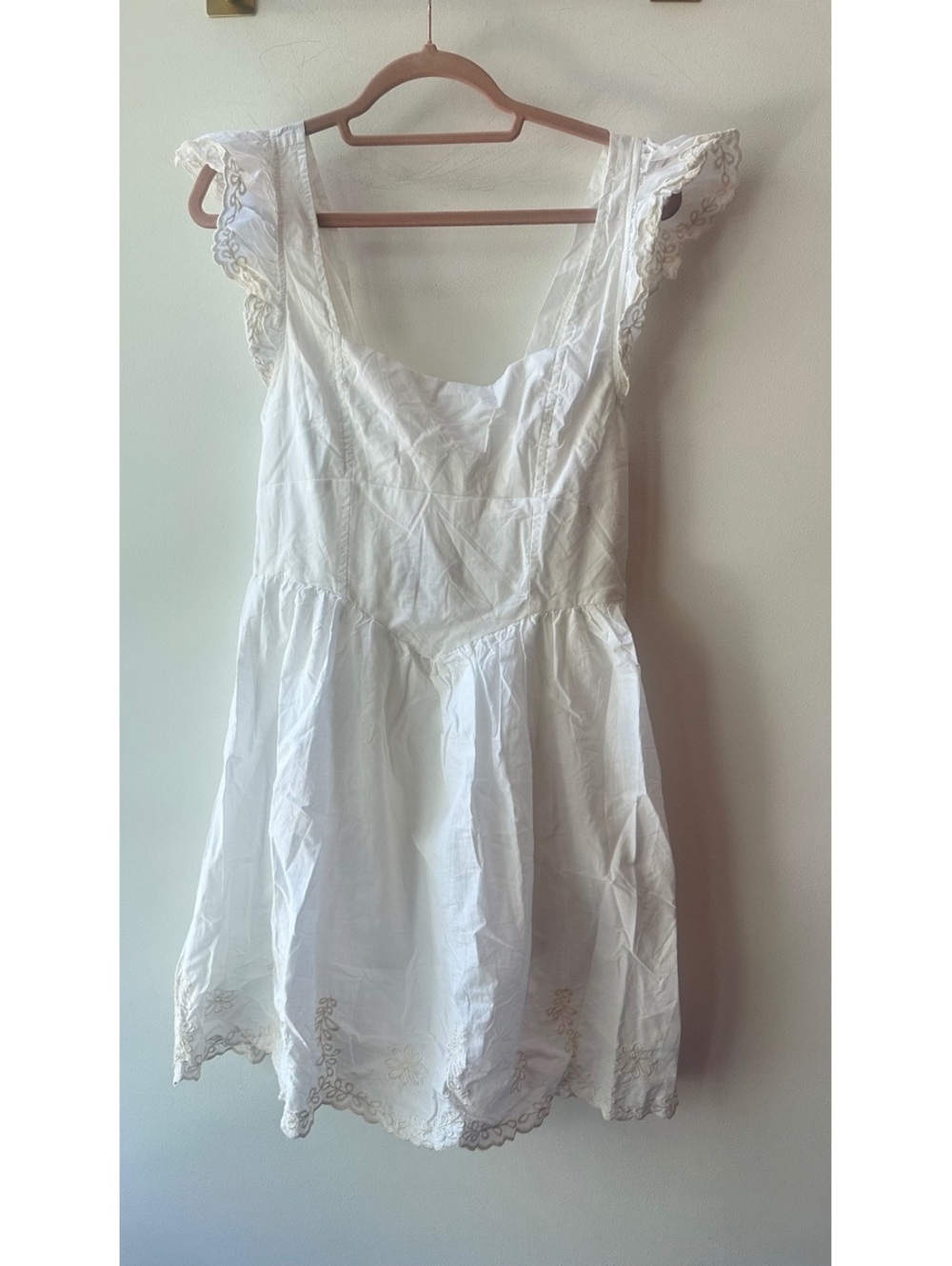 Blu pepper White Cotton Dress  Embroidered Hem and Ruffle Sleeves